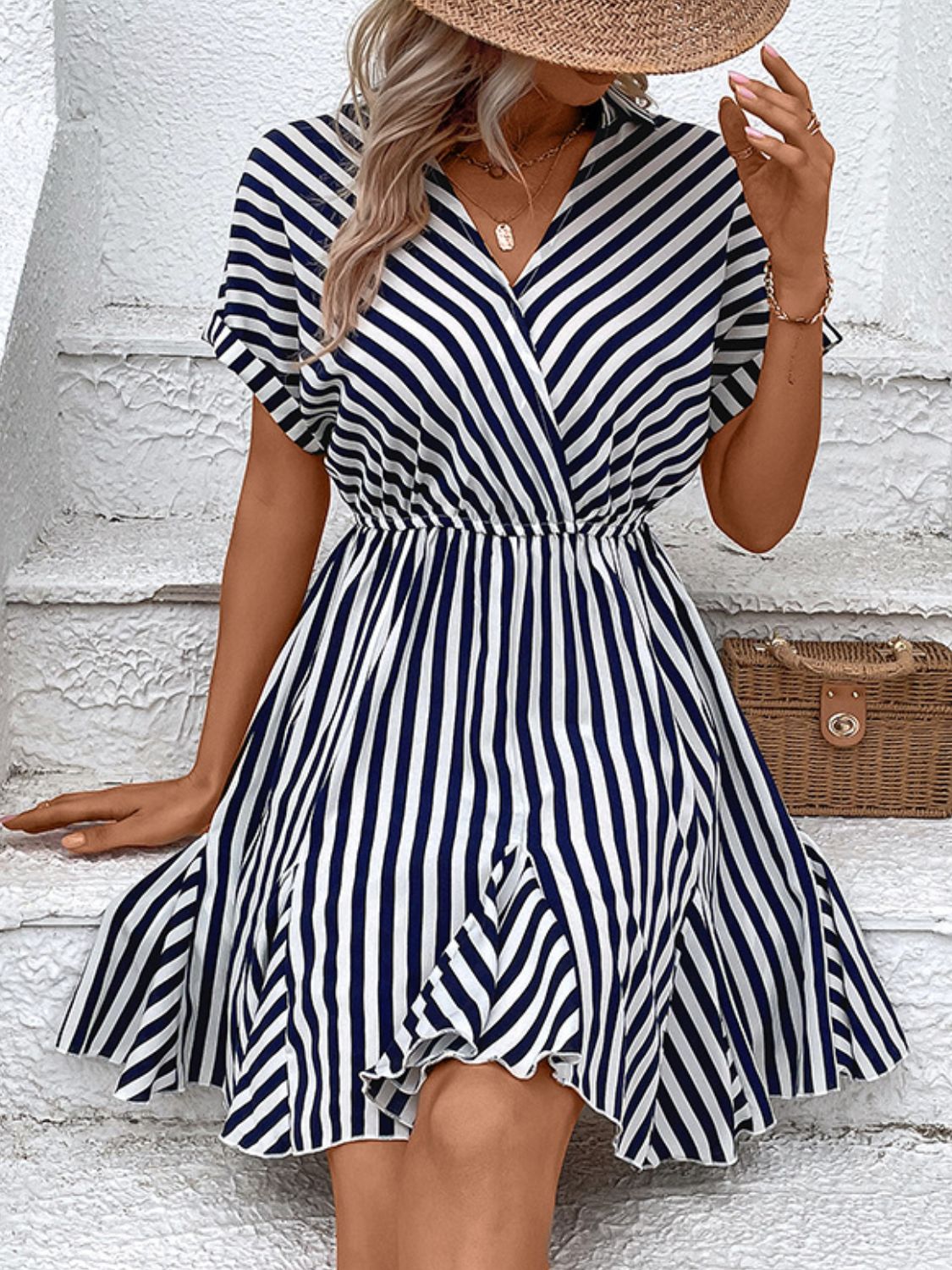 Striped Johnny Collar Mini Dress Trendsi