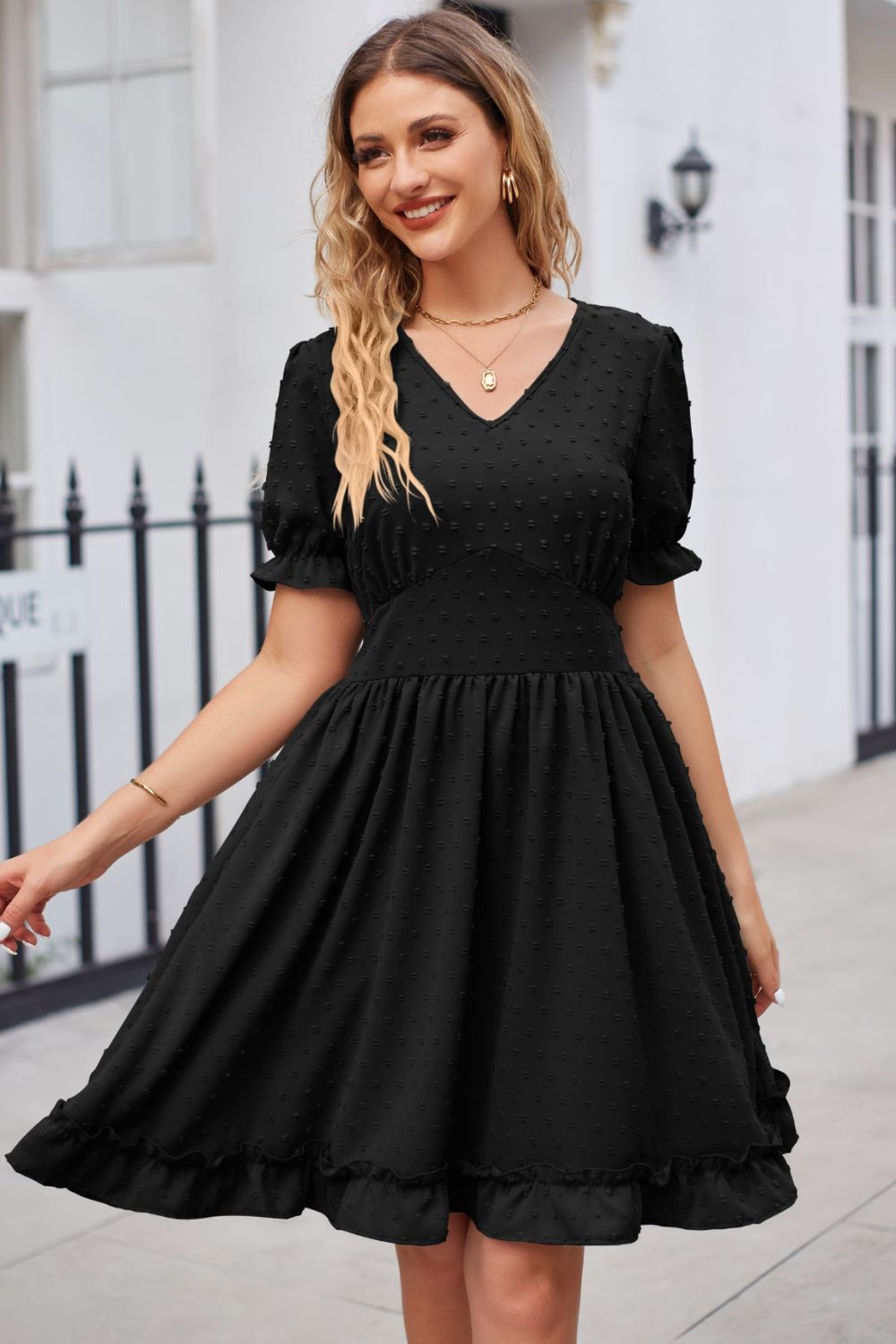 Swiss Dot Frill Trim Flounce Sleeve V-Neck Dress Trendsi