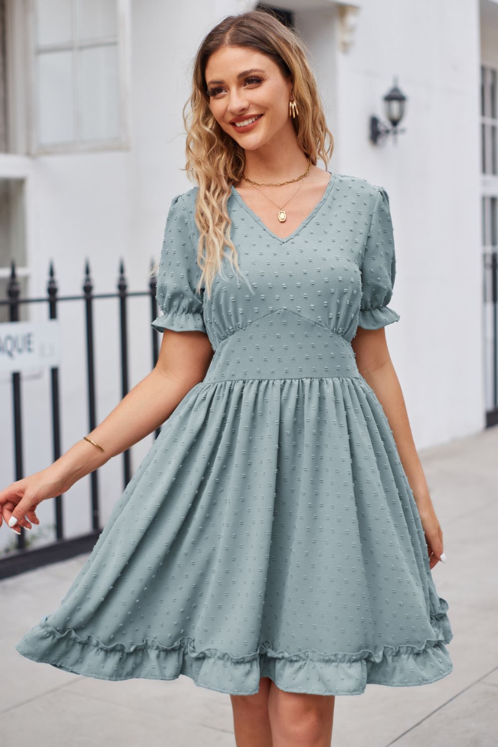 Swiss Dot Frill Trim Flounce Sleeve V-Neck Dress Trendsi