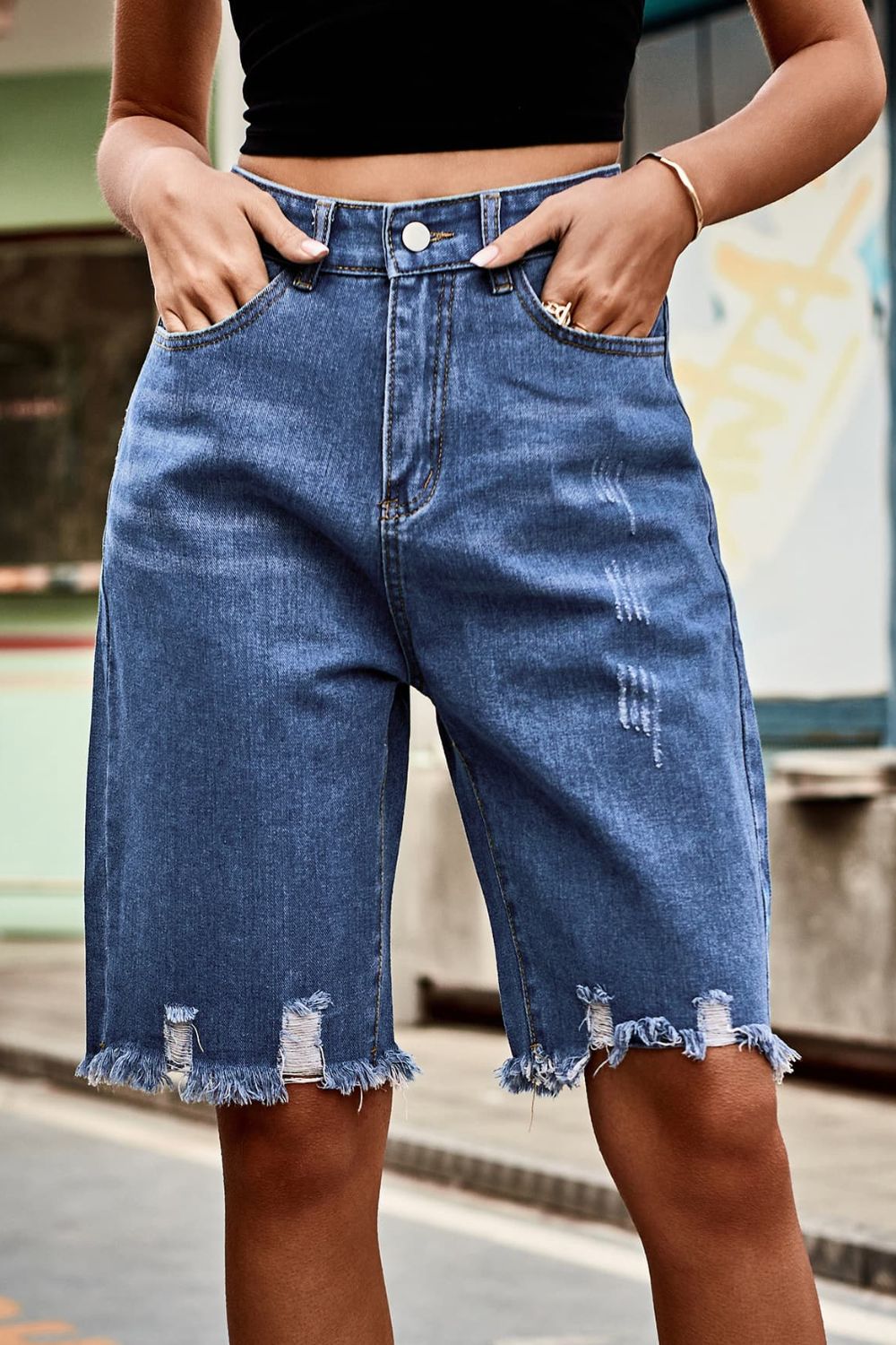 Raw Hem High Waist Denim Shorts with Pockets Trendsi