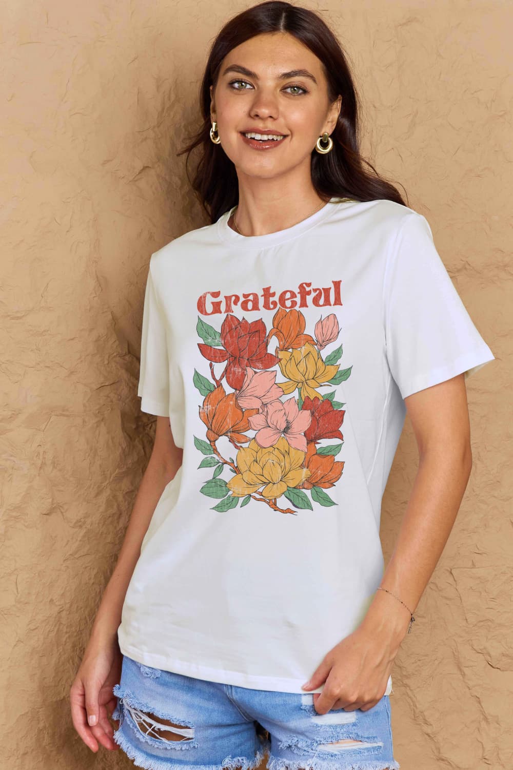 Simply Love Full Size GRATEFUL Flower Graphic Cotton T-Shirt Trendsi
