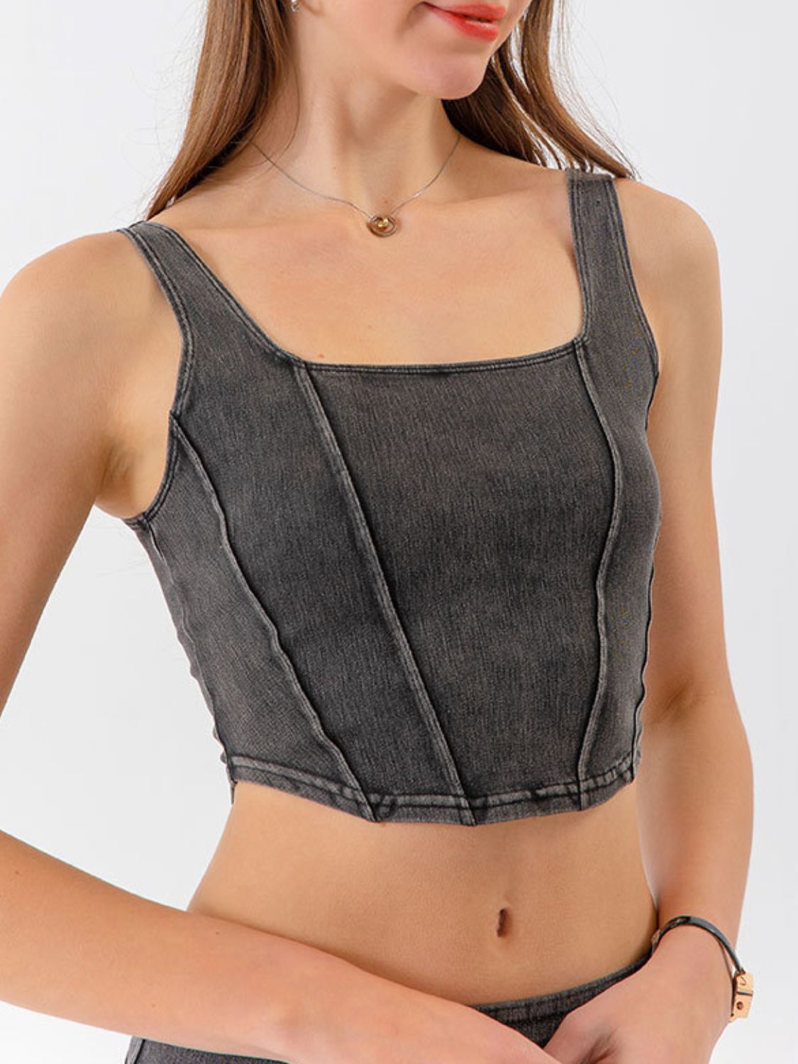 Seam Detail Cropped Denim Tank Trendsi