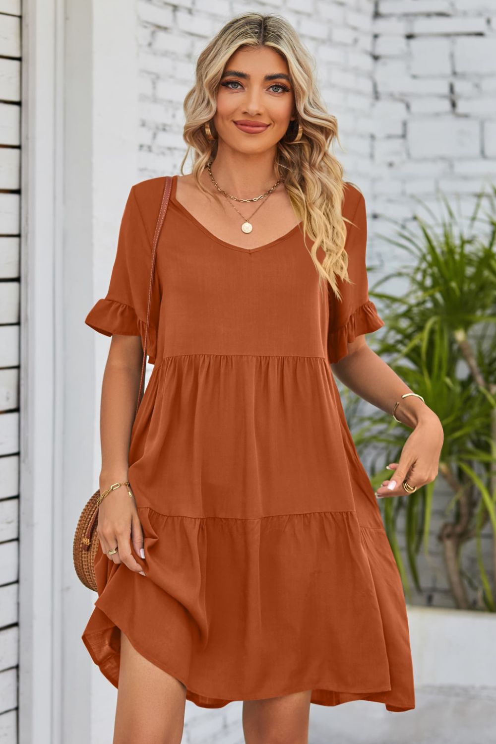 V-Neck Flounce Sleeve Tiered Dress Trendsi