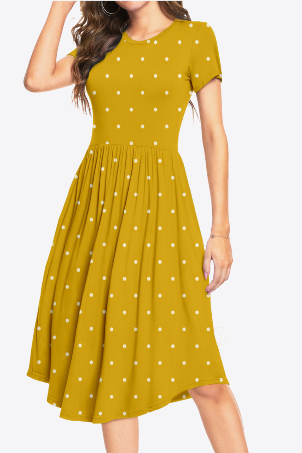 Printed Round Neck Short Sleeve Dress with Pockets Trendsi