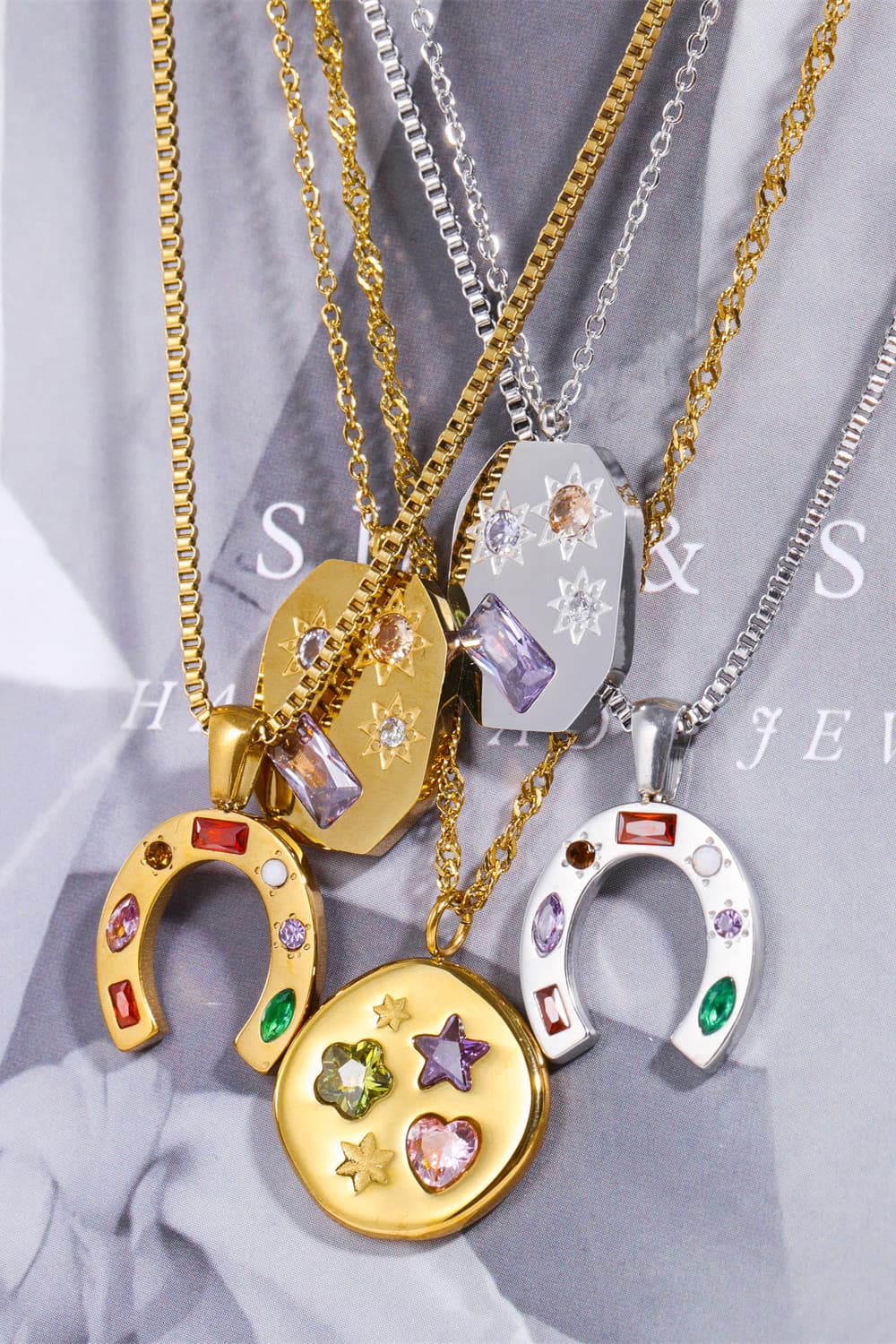 Inlaid Zircon Pendant Stainless Steel Necklace Trendsi