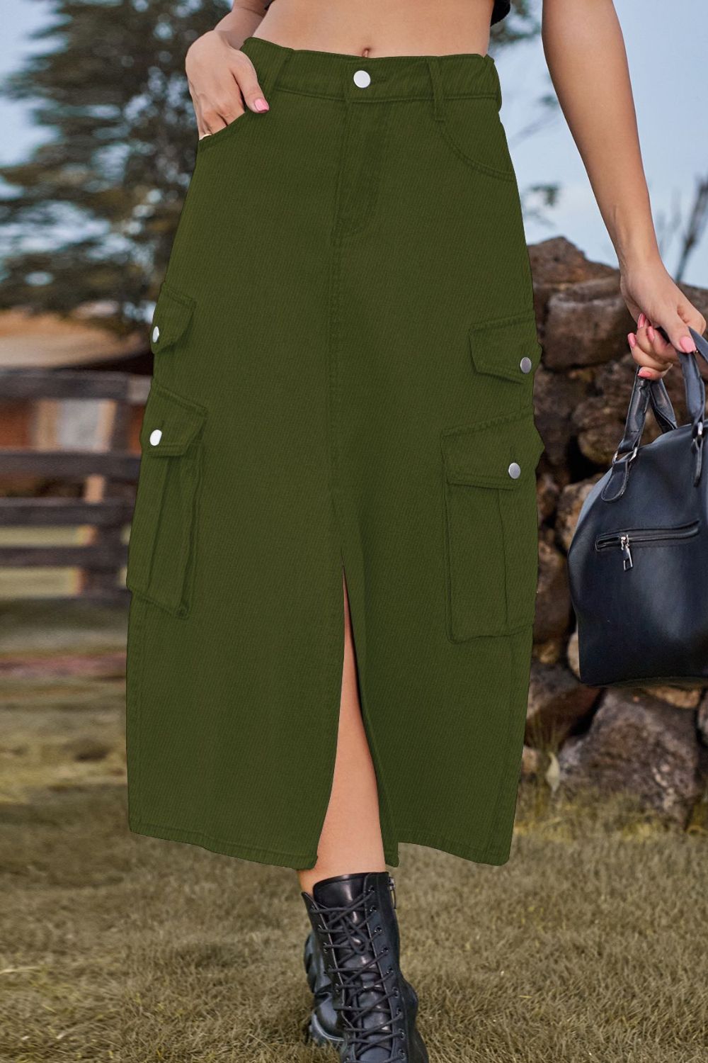 Slit Front Midi Denim Skirt with Pockets Trendsi