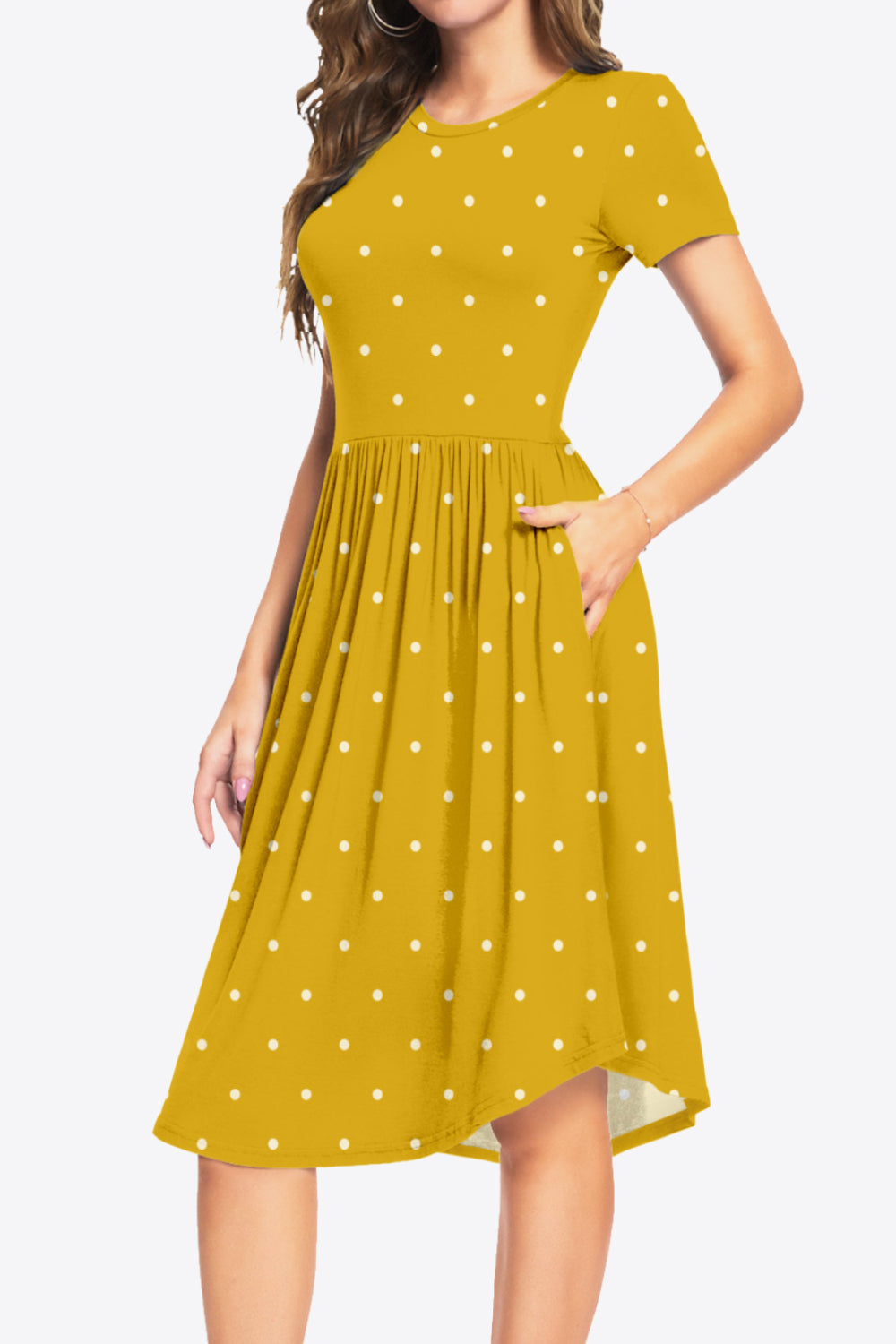 Printed Round Neck Short Sleeve Dress with Pockets Trendsi