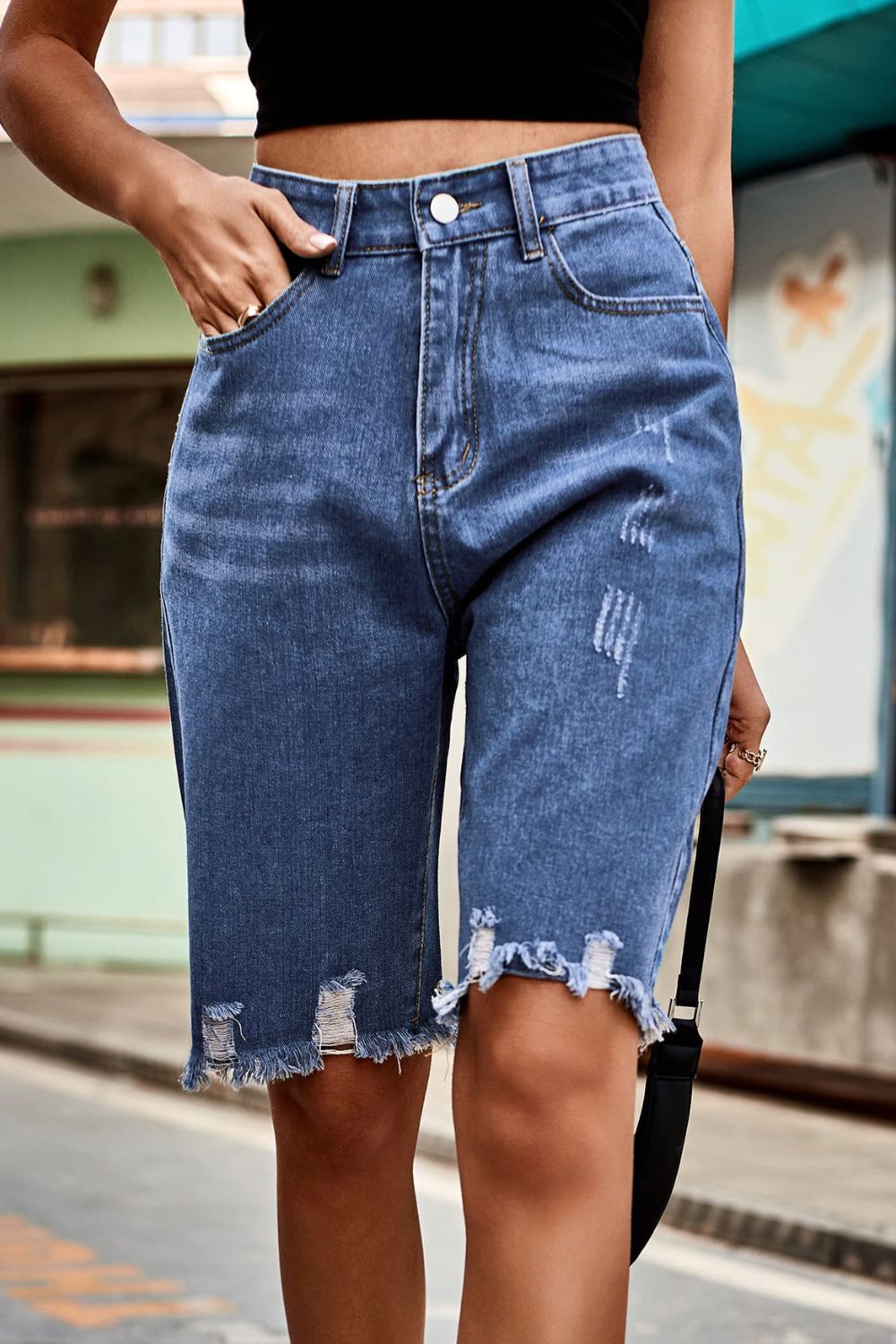 Raw Hem High Waist Denim Shorts with Pockets Trendsi