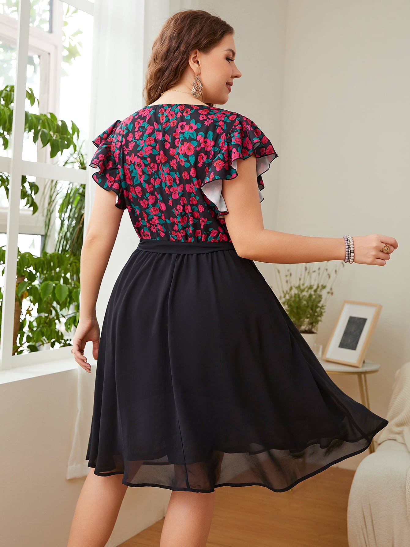Plus Size Floral Surplice Neck Flutter Sleeve Dress Trendsi