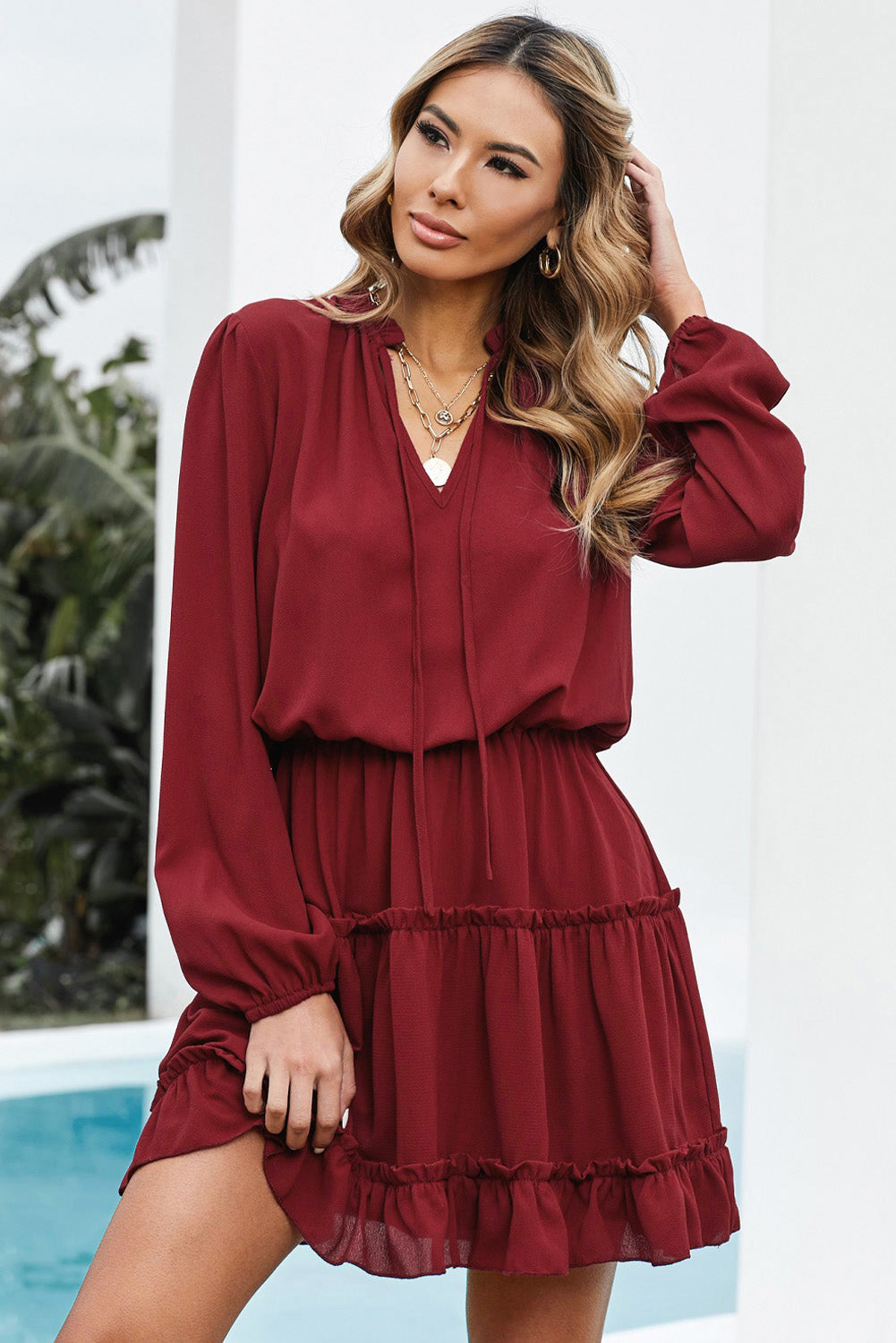 Tied Frill Trim Puff Sleeve Mini Dress Trendsi