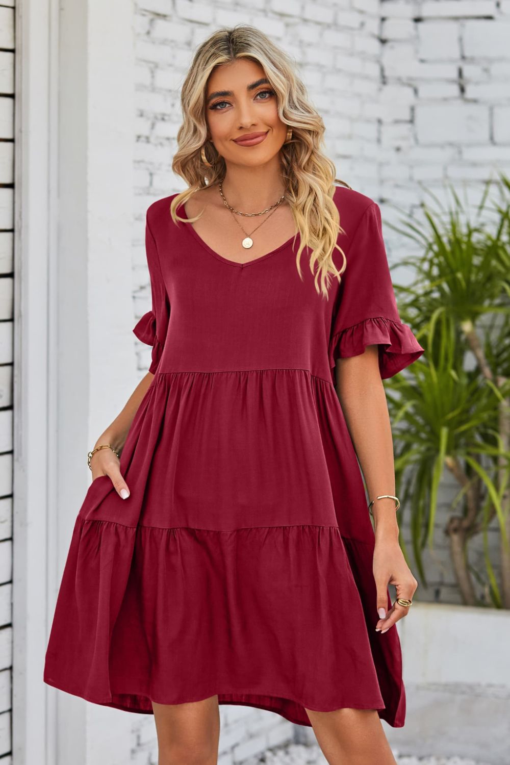V-Neck Flounce Sleeve Tiered Dress Trendsi