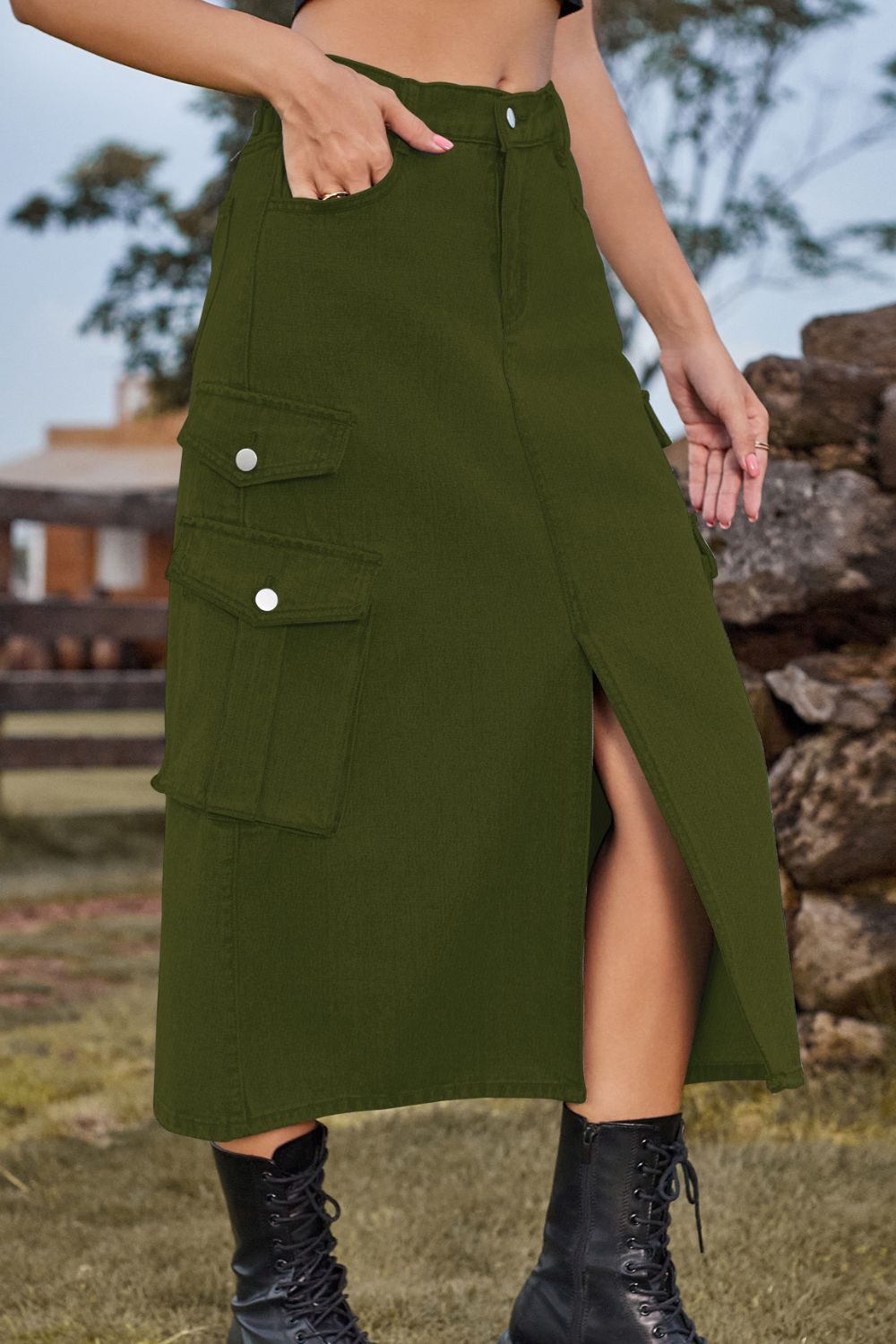 Slit Front Midi Denim Skirt with Pockets Trendsi