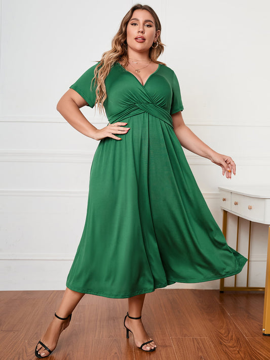 Plus Size Short Sleeve Surplice Neck Midi Dress Trendsi
