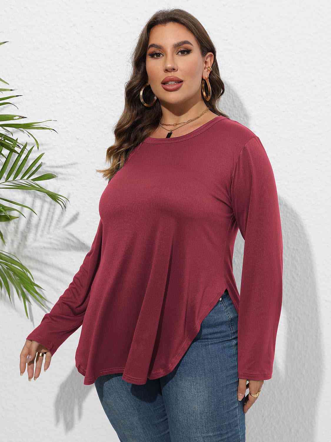 Plus Size Round Neck Long Sleeve Slit Shirt
