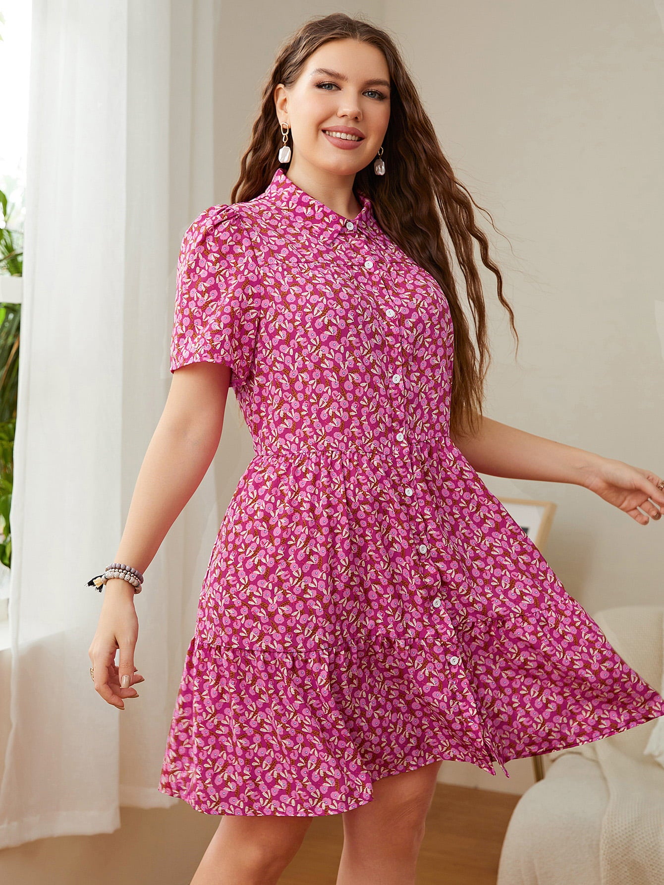 Plus Size Printed Short Sleeve Collared Dress Trendsi