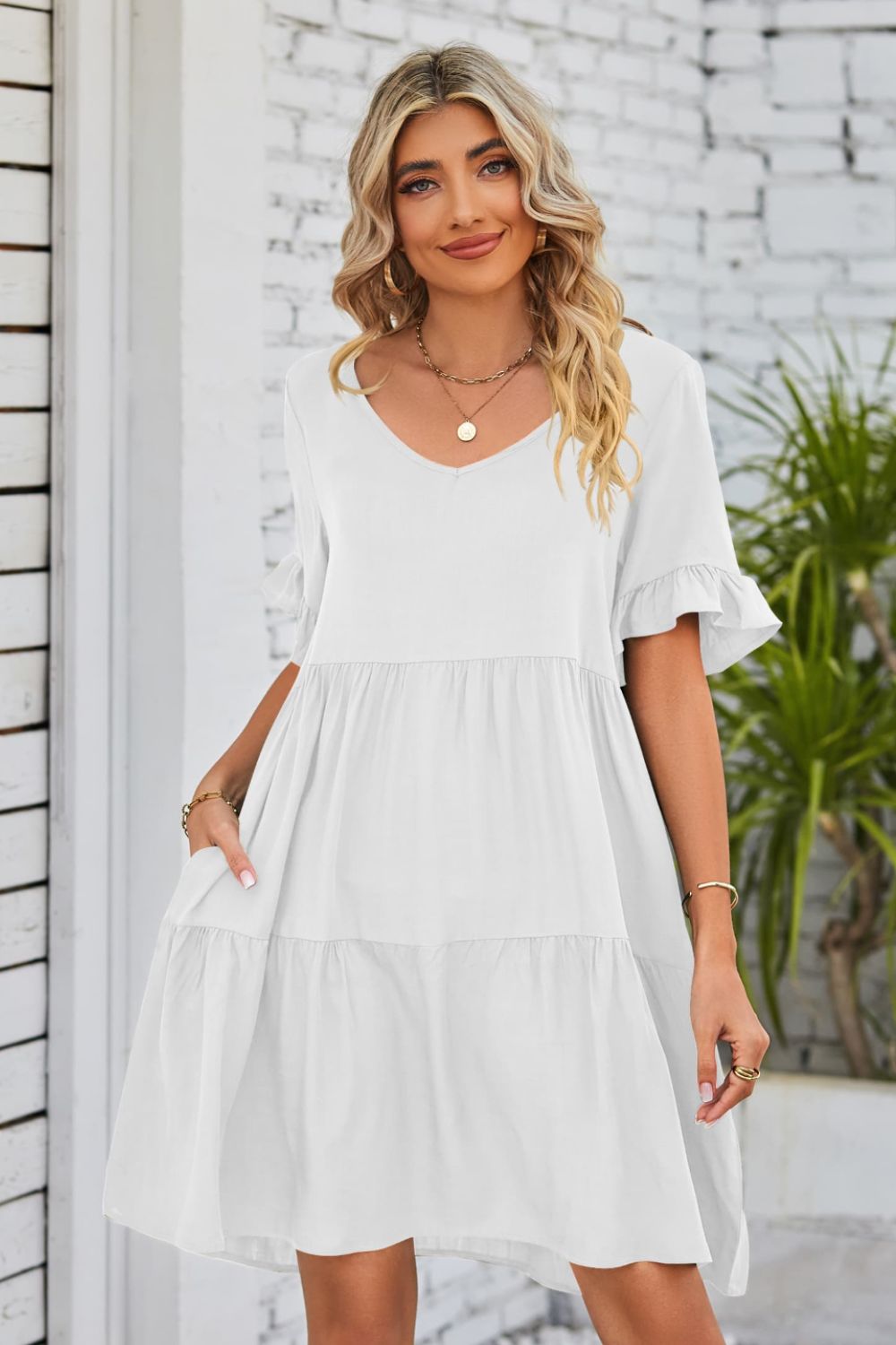 V-Neck Flounce Sleeve Tiered Dress Trendsi