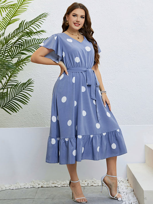 Polka Dot Belted Flutter Sleeve Ruffle Hem Dress Trendsi