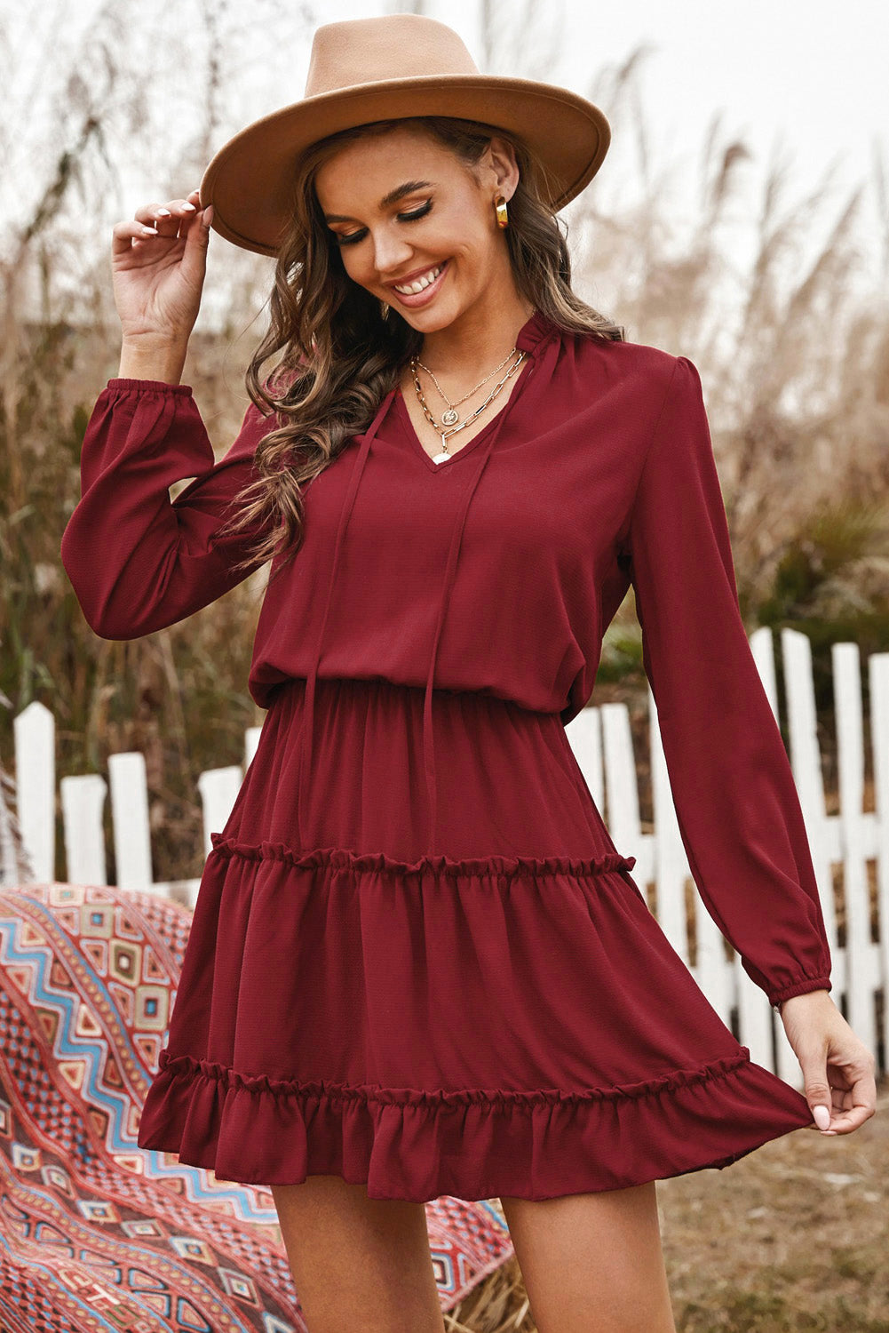 Tied Frill Trim Puff Sleeve Mini Dress Trendsi