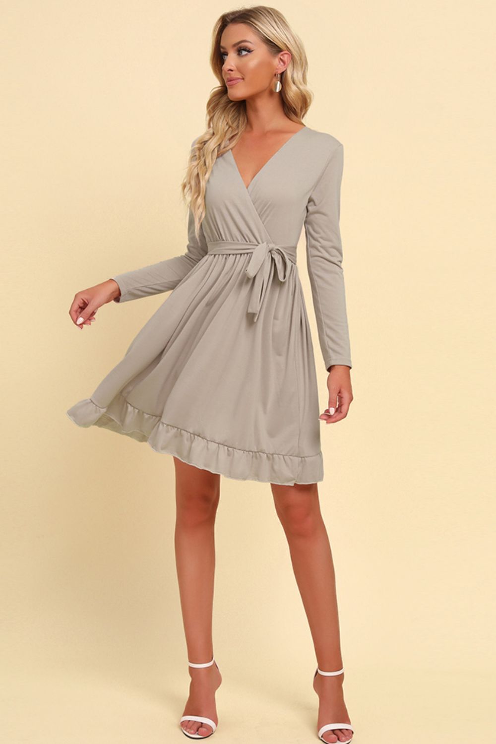 Long Sleeve Tie Waist Ruffle Hem Dress Trendsi