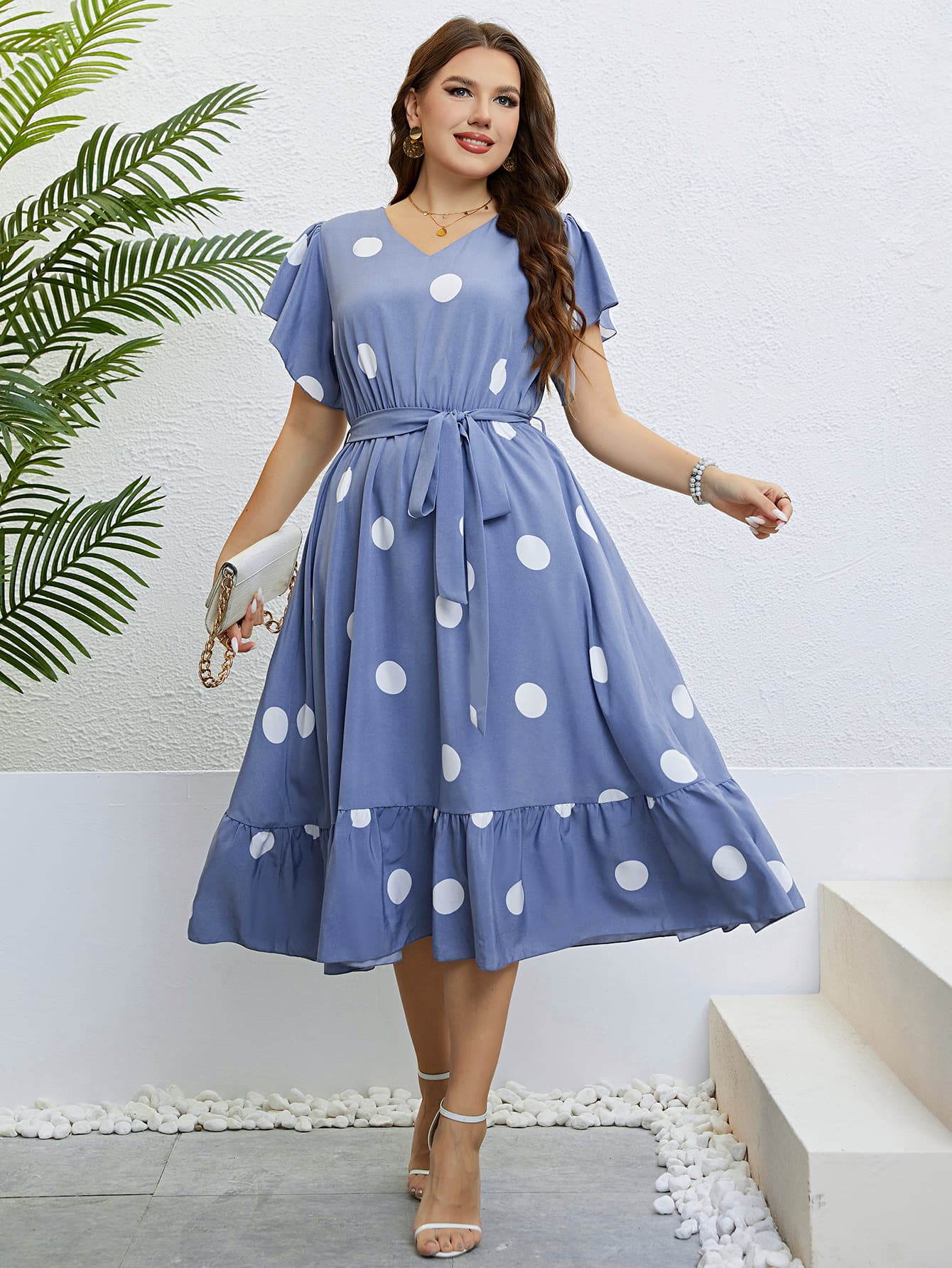 Polka Dot Belted Flutter Sleeve Ruffle Hem Dress Trendsi
