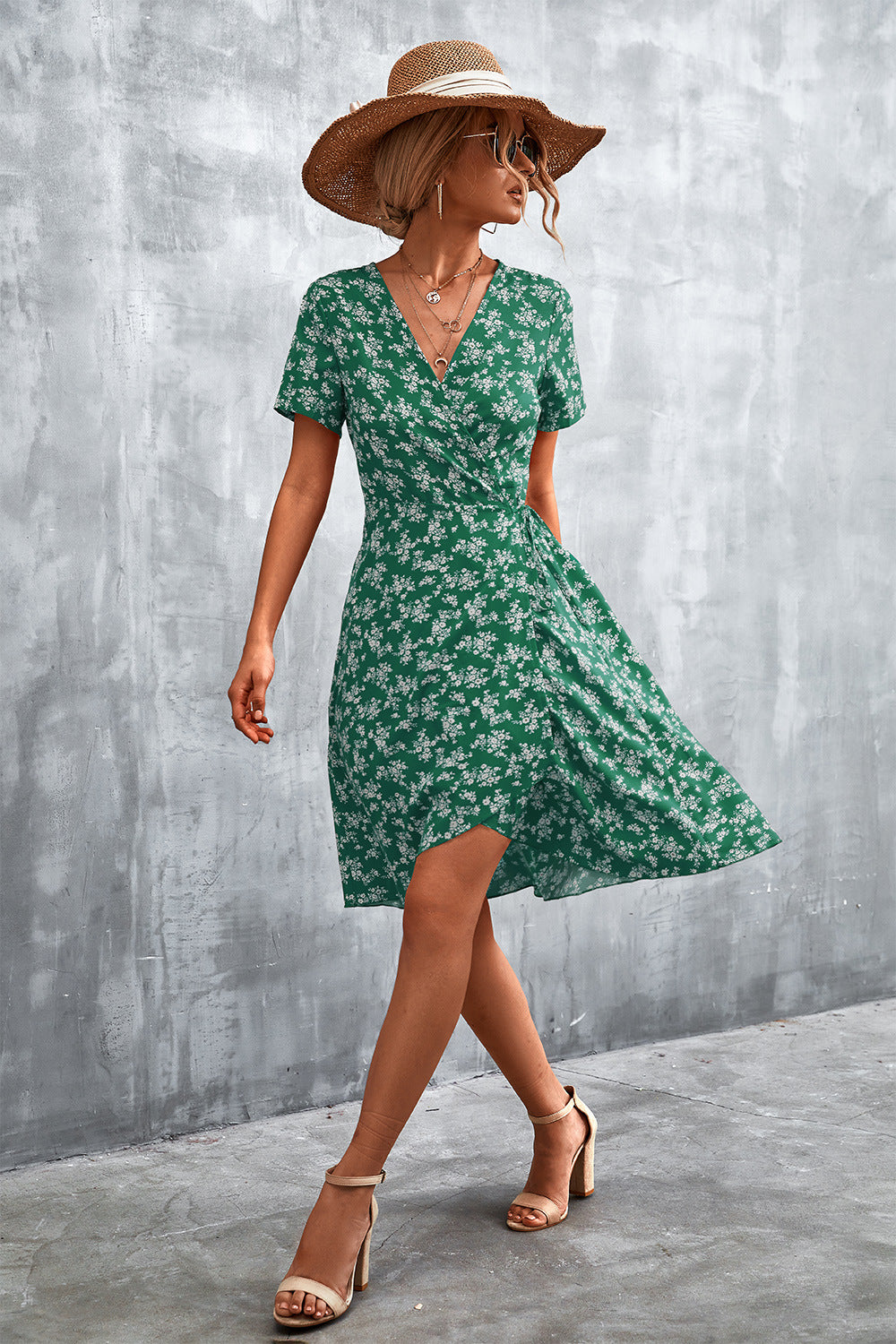 Floral Surplice Neck Flutter Sleeve Dress Trendsi