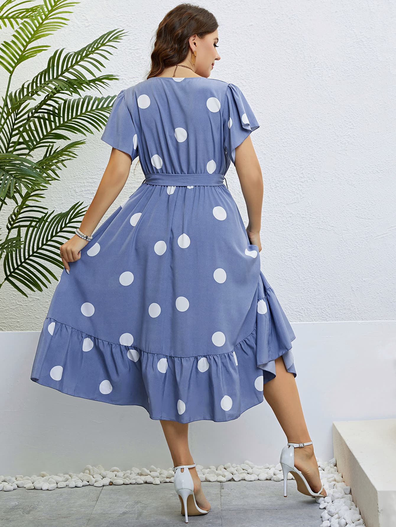 Polka Dot Belted Flutter Sleeve Ruffle Hem Dress Trendsi