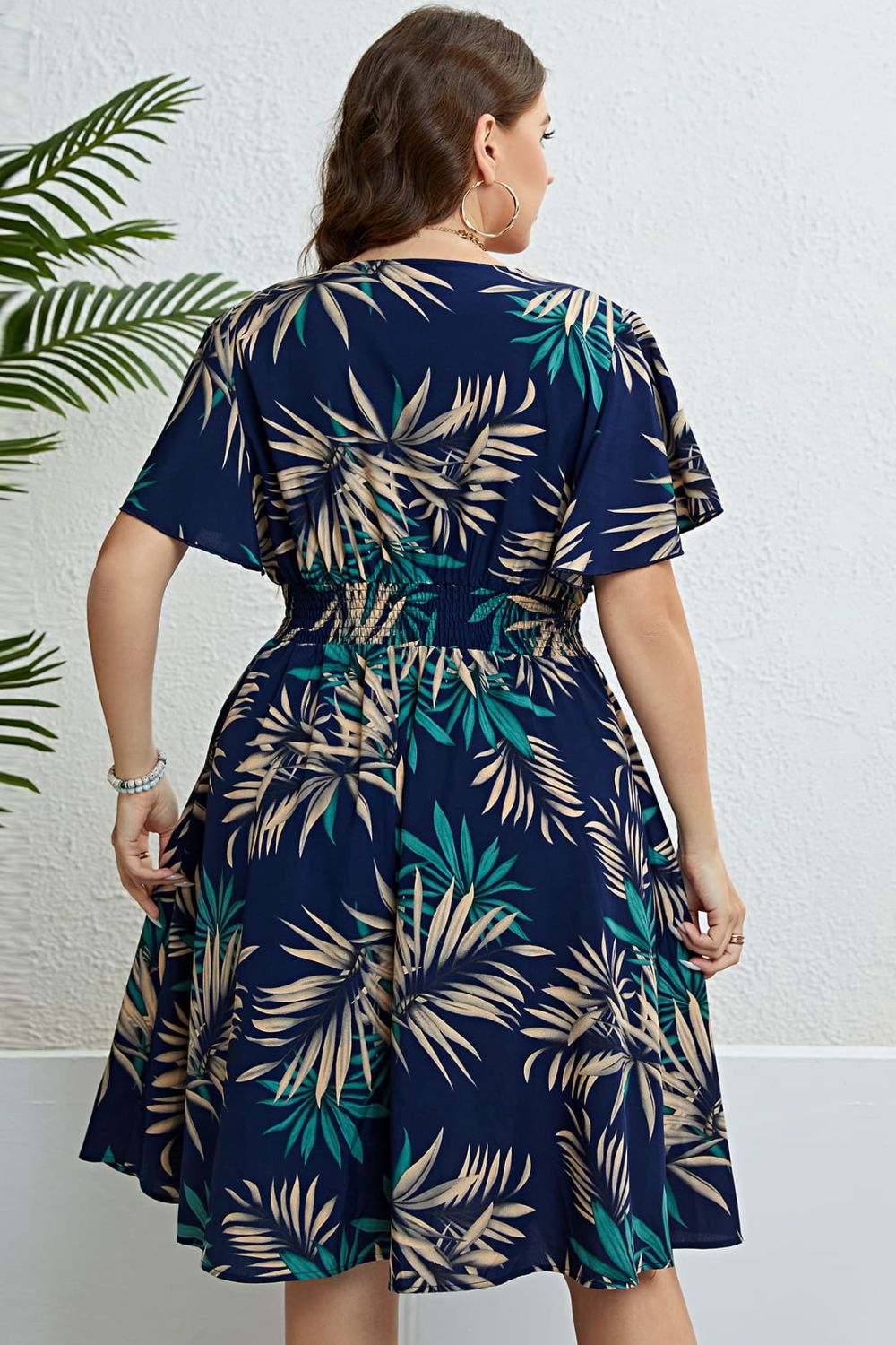 Botanical Print Flutter Sleeve Smocked Waist Dress Trendsi