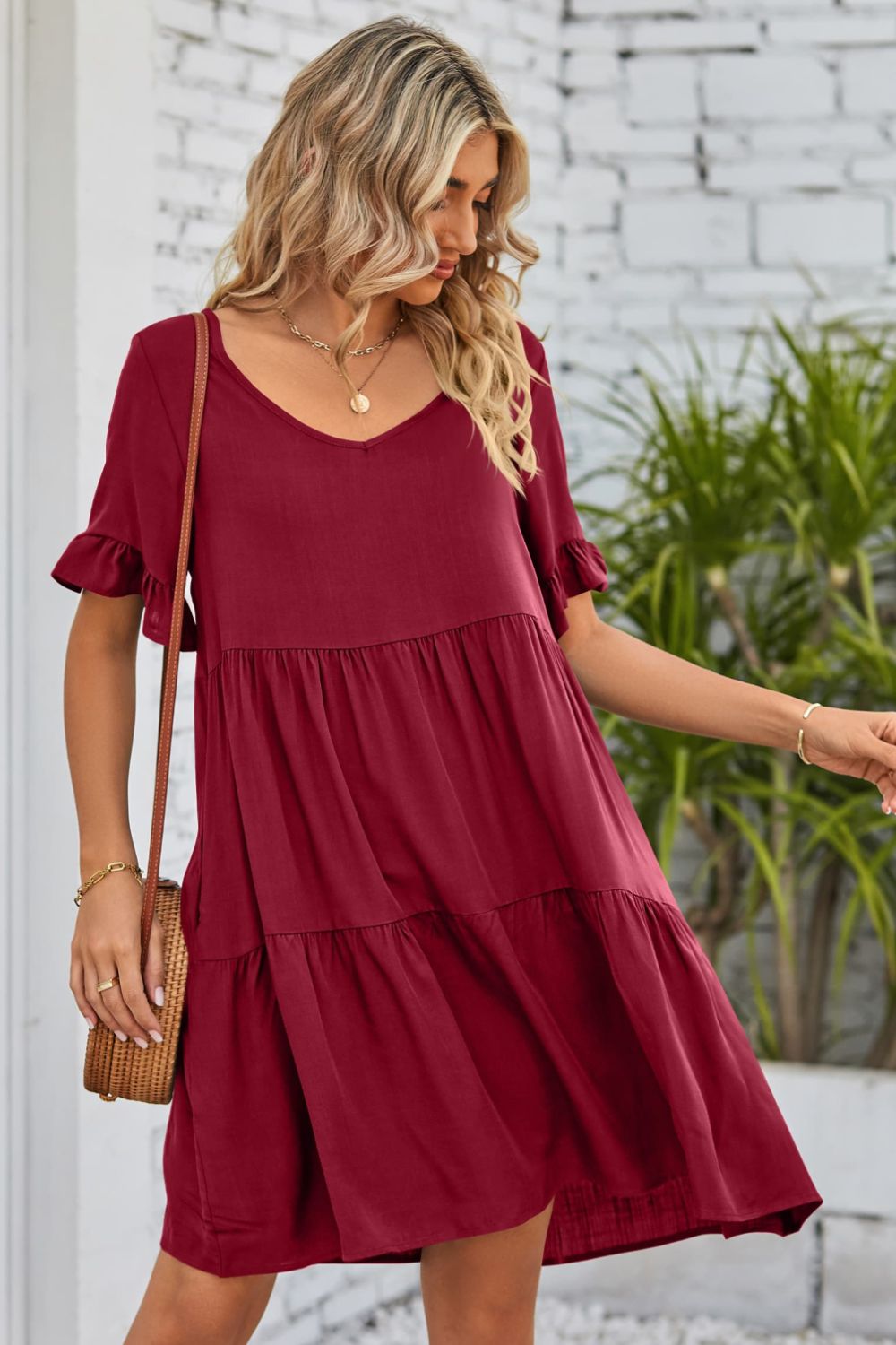 V-Neck Flounce Sleeve Tiered Dress Trendsi