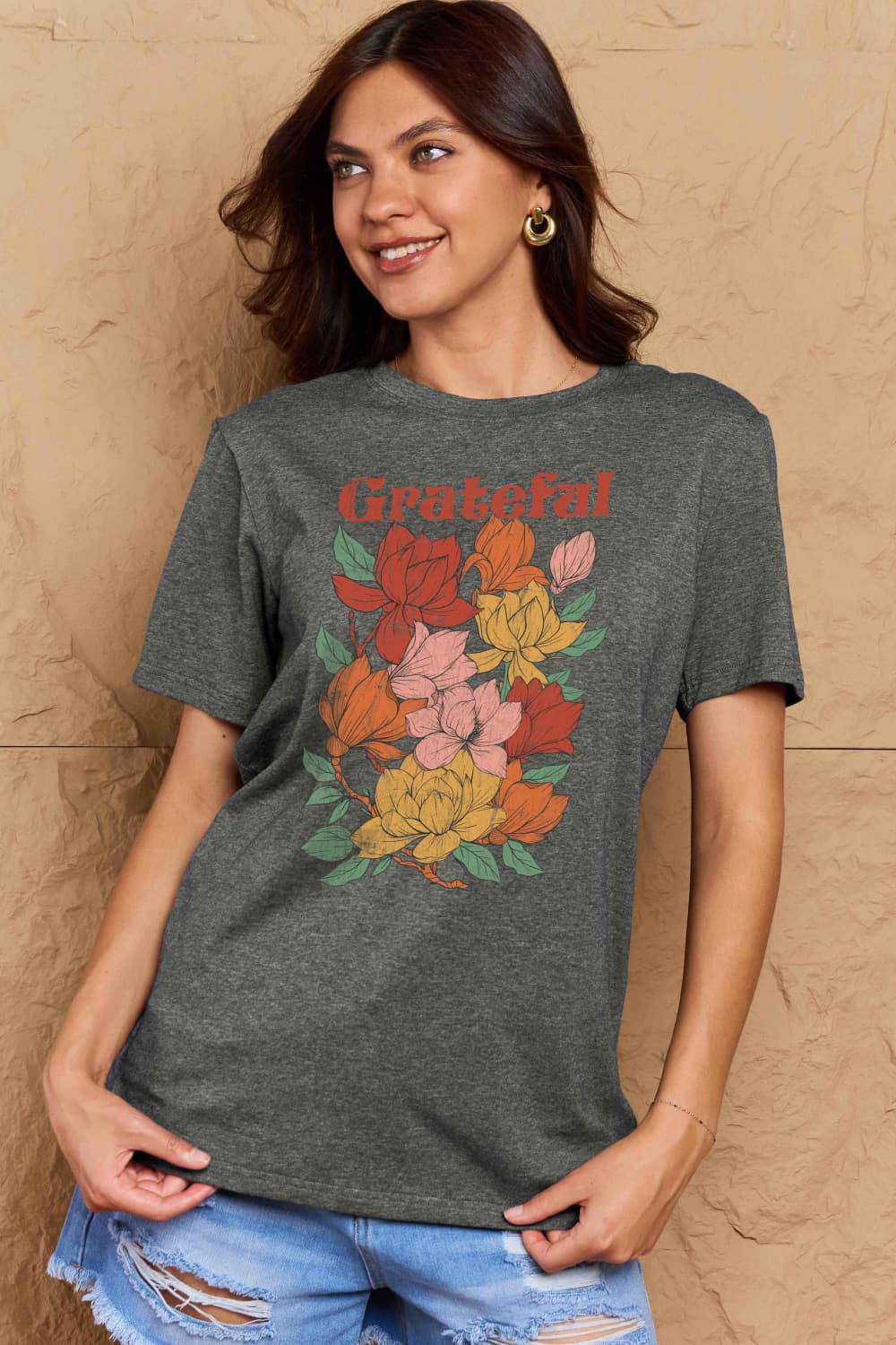Simply Love Full Size GRATEFUL Flower Graphic Cotton T-Shirt Trendsi