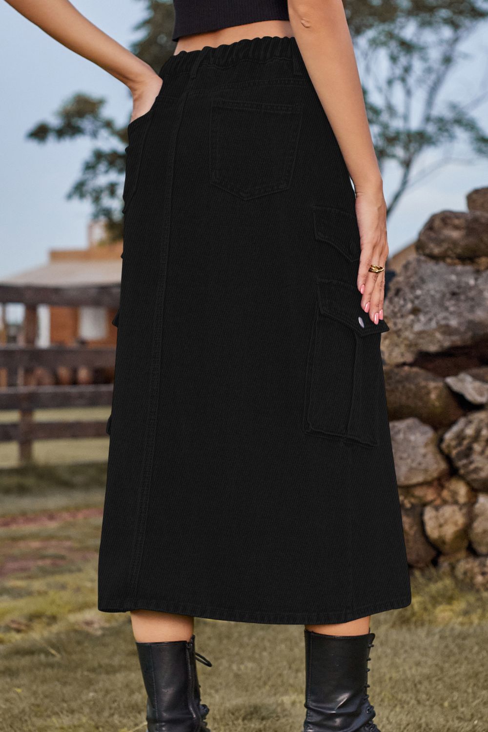 Slit Front Midi Denim Skirt with Pockets Trendsi