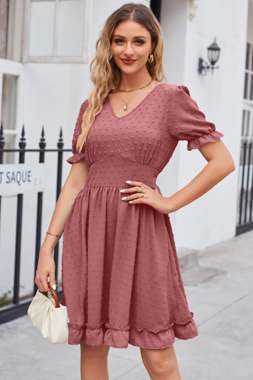 Swiss Dot Frill Trim Flounce Sleeve V-Neck Dress Trendsi