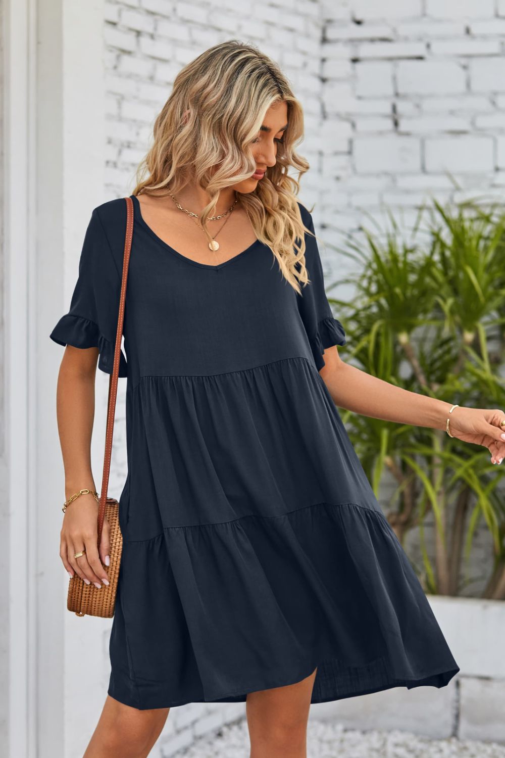 V-Neck Flounce Sleeve Tiered Dress Trendsi