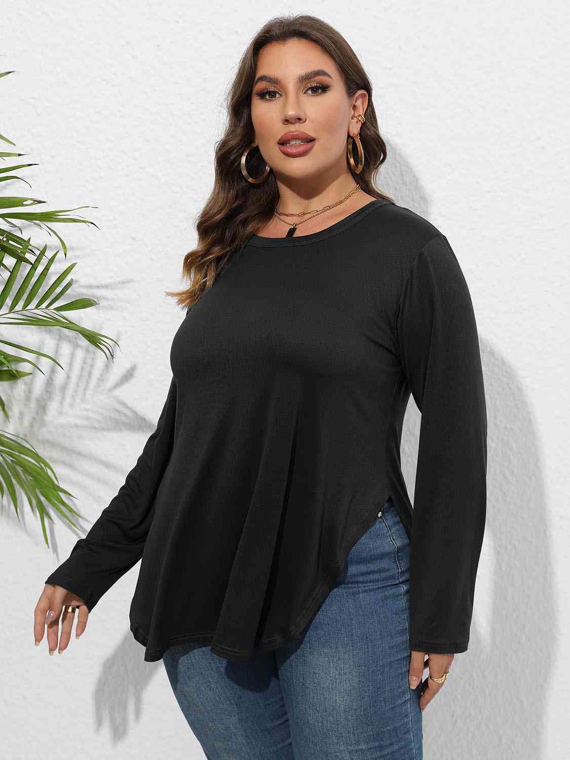 Plus Size Round Neck Long Sleeve Slit Shirt