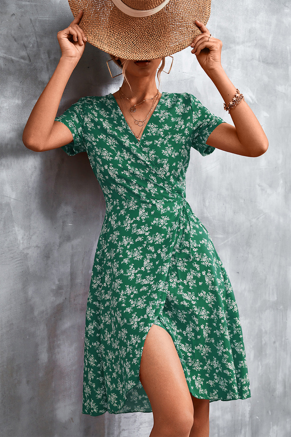 Floral Surplice Neck Flutter Sleeve Dress Trendsi