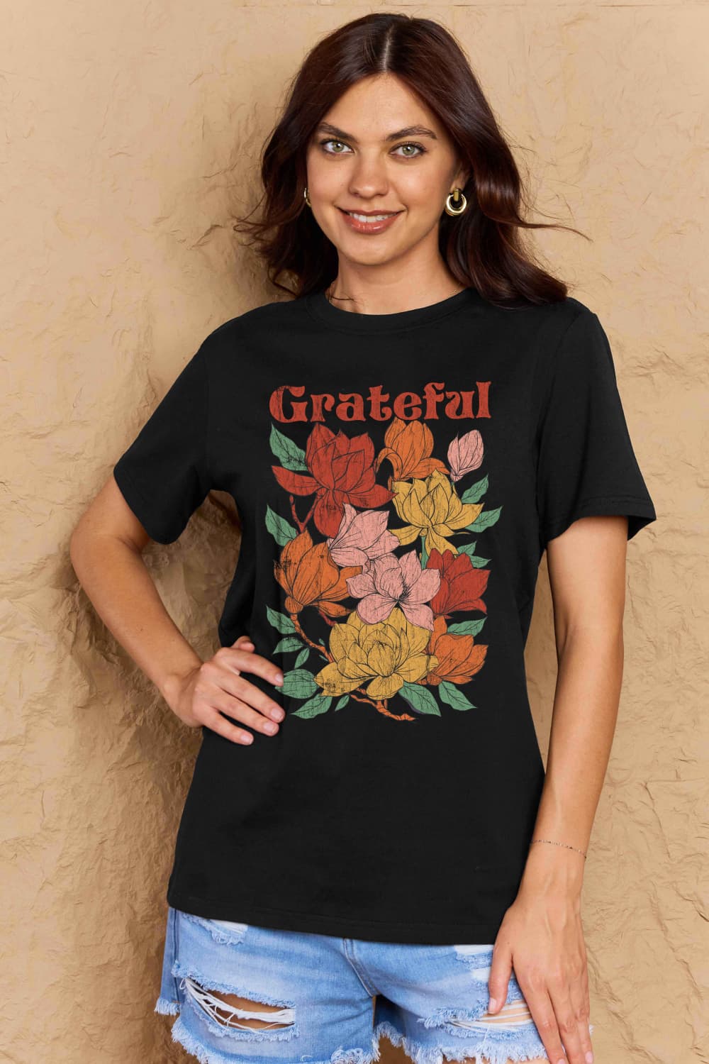 Simply Love Full Size GRATEFUL Flower Graphic Cotton T-Shirt Trendsi