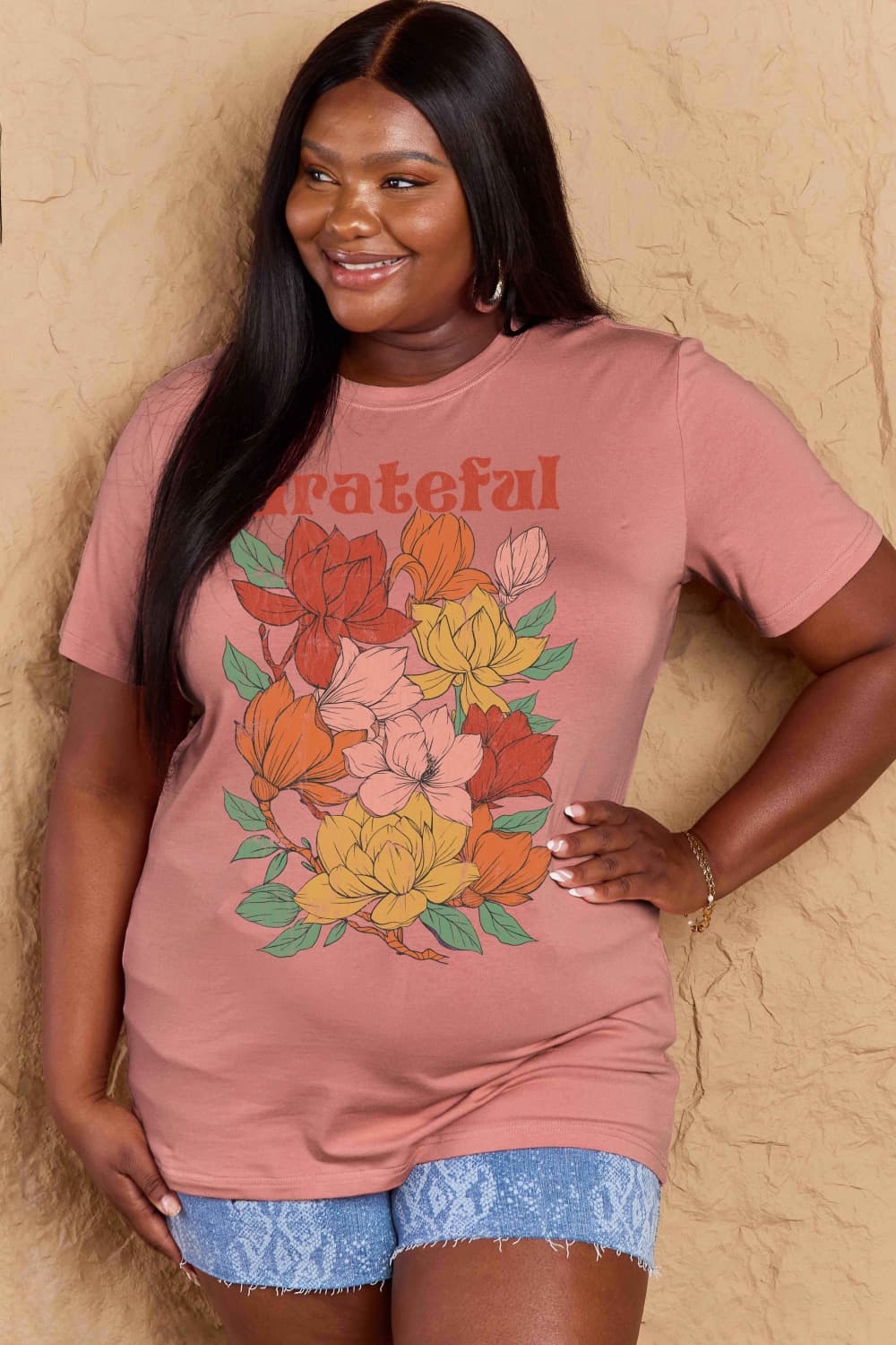 Simply Love Full Size GRATEFUL Flower Graphic Cotton T-Shirt Trendsi