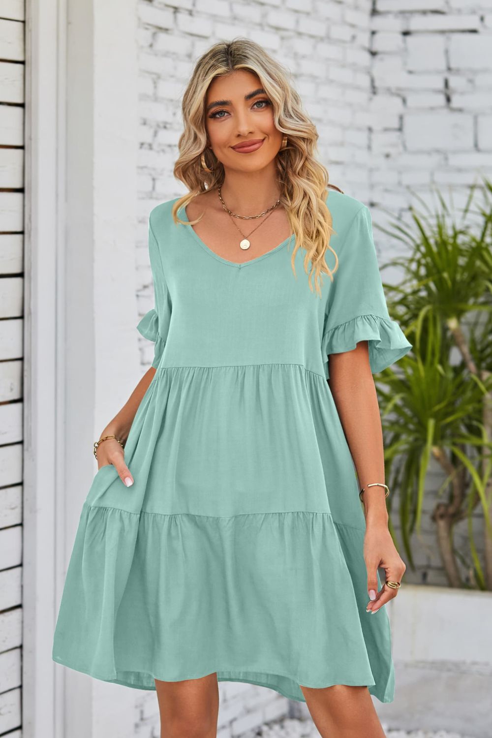 V-Neck Flounce Sleeve Tiered Dress Trendsi