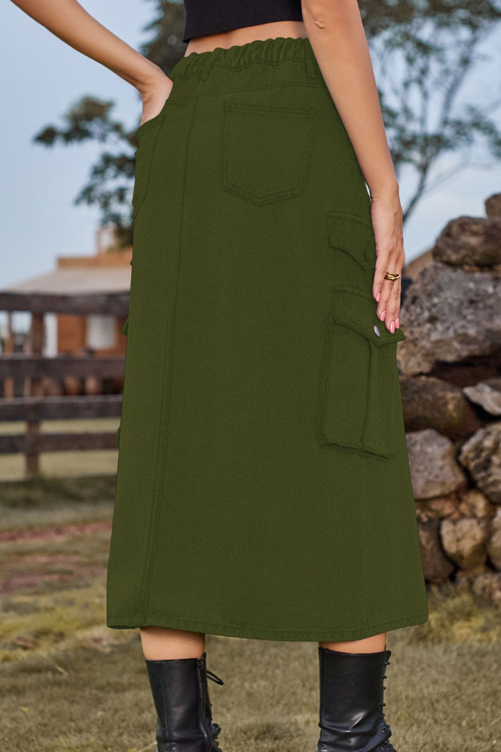 Slit Front Midi Denim Skirt with Pockets Trendsi
