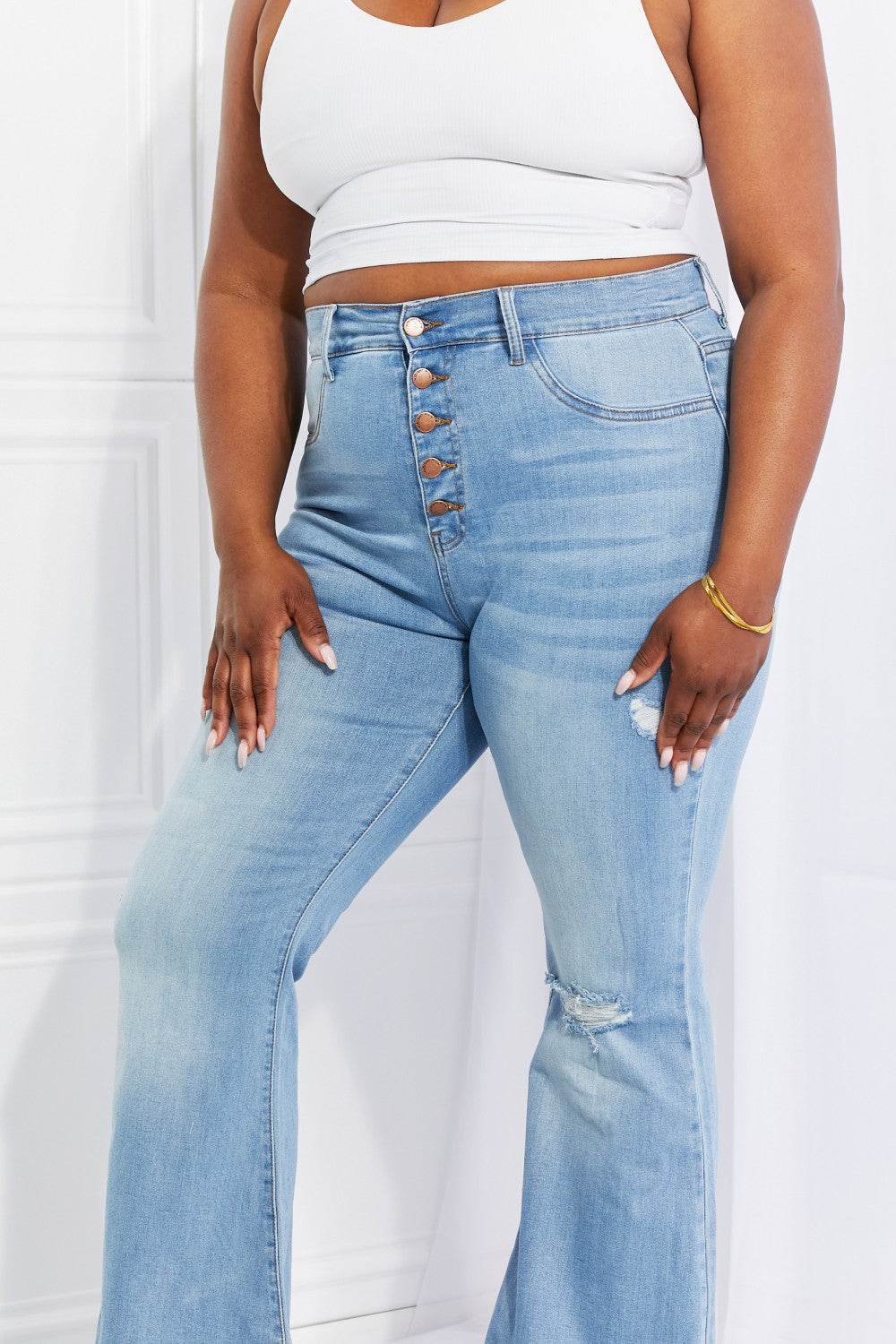 Vibrant MIU Full Size Jess Button Flare Jeans Trendsi