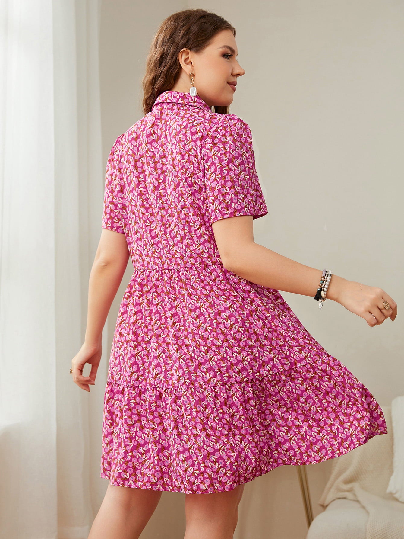 Plus Size Printed Short Sleeve Collared Dress Trendsi