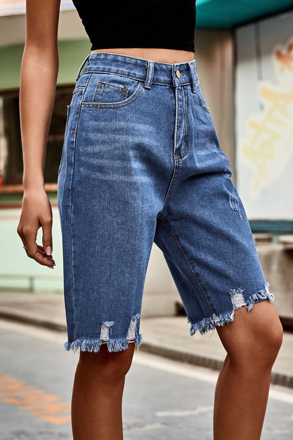 Raw Hem High Waist Denim Shorts with Pockets Trendsi