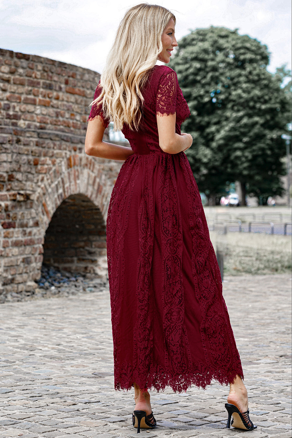 Scalloped Trim Lace Plunge Dress Trendsi