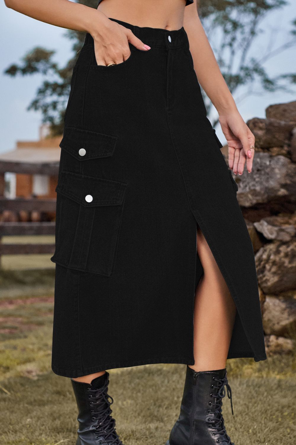 Slit Front Midi Denim Skirt with Pockets Trendsi