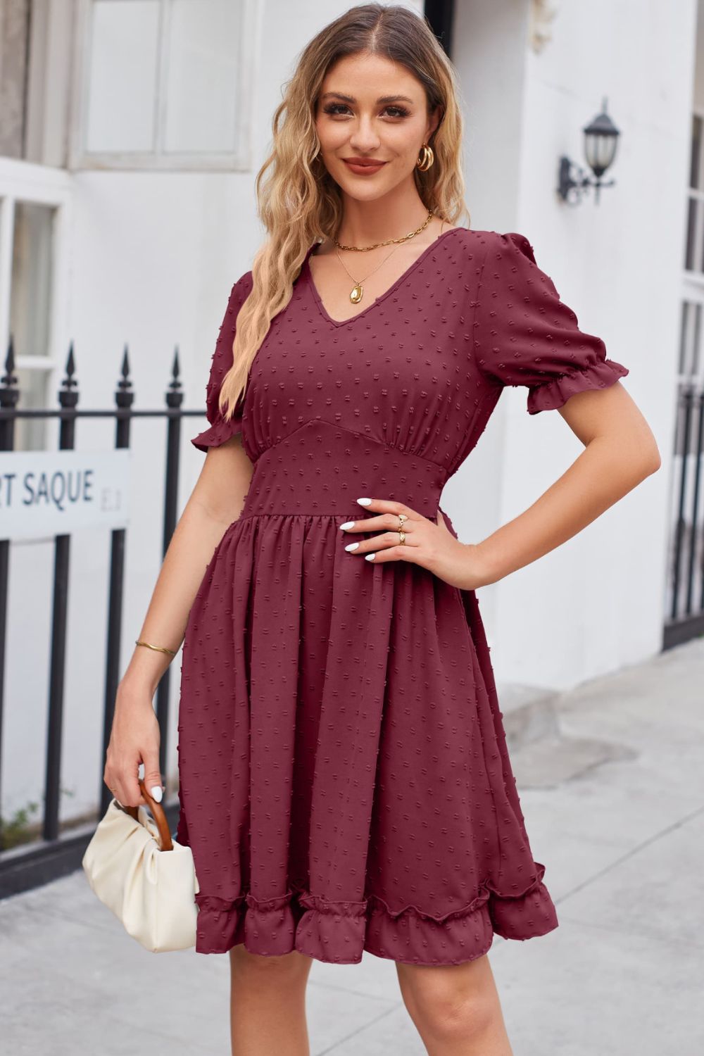 Swiss Dot Frill Trim Flounce Sleeve V-Neck Dress Trendsi