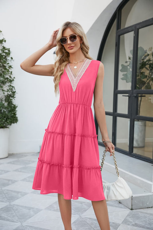 Contrast V-Neck Sleeveless Tiered Dress Trendsi