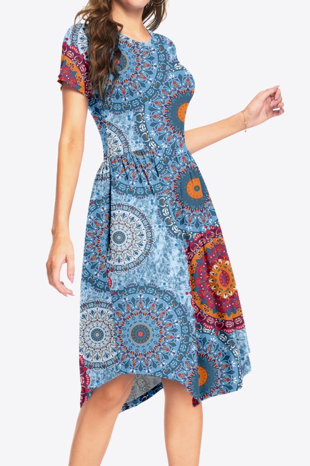 Printed Round Neck Short Sleeve Dress with Pockets Trendsi