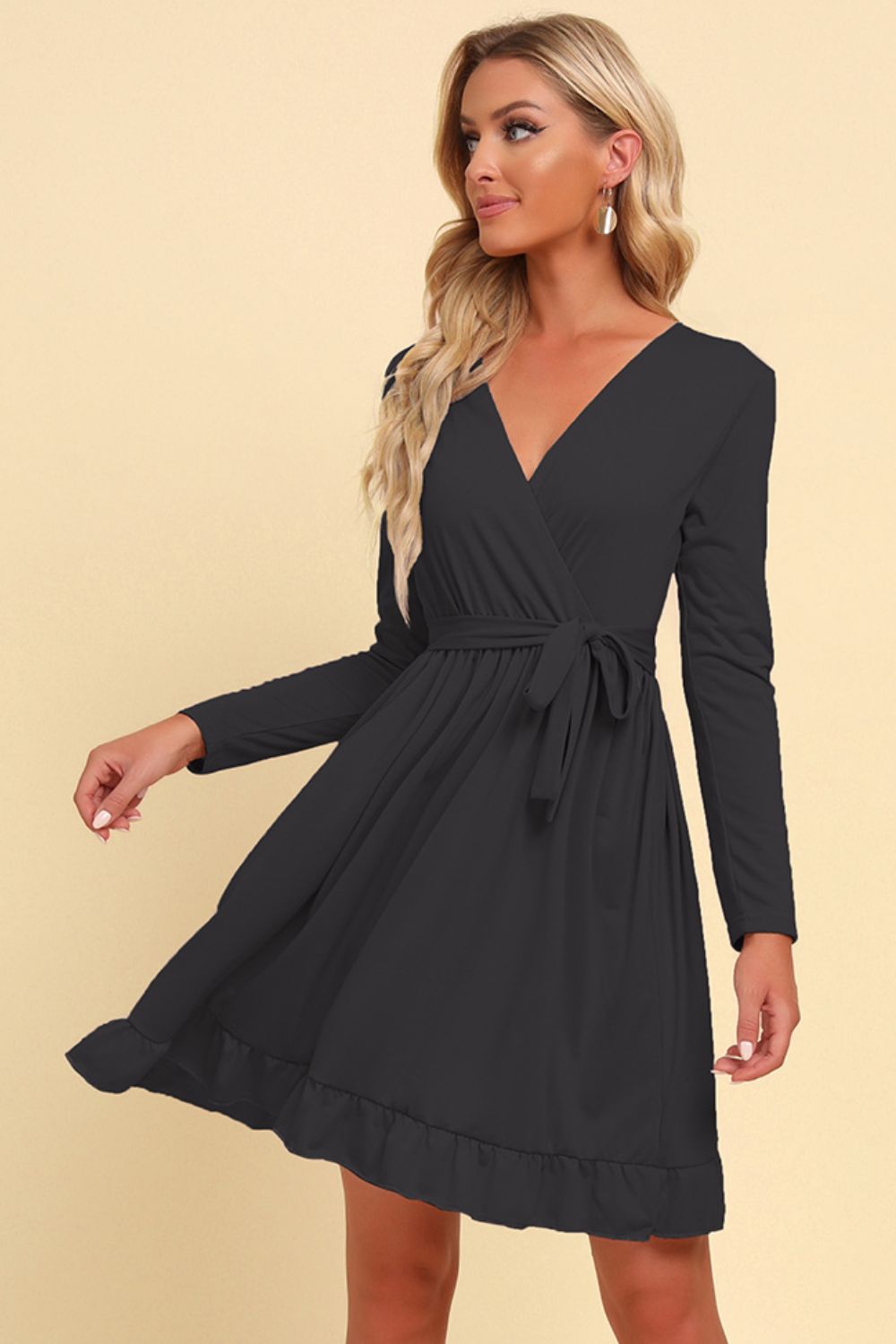 Long Sleeve Tie Waist Ruffle Hem Dress Trendsi