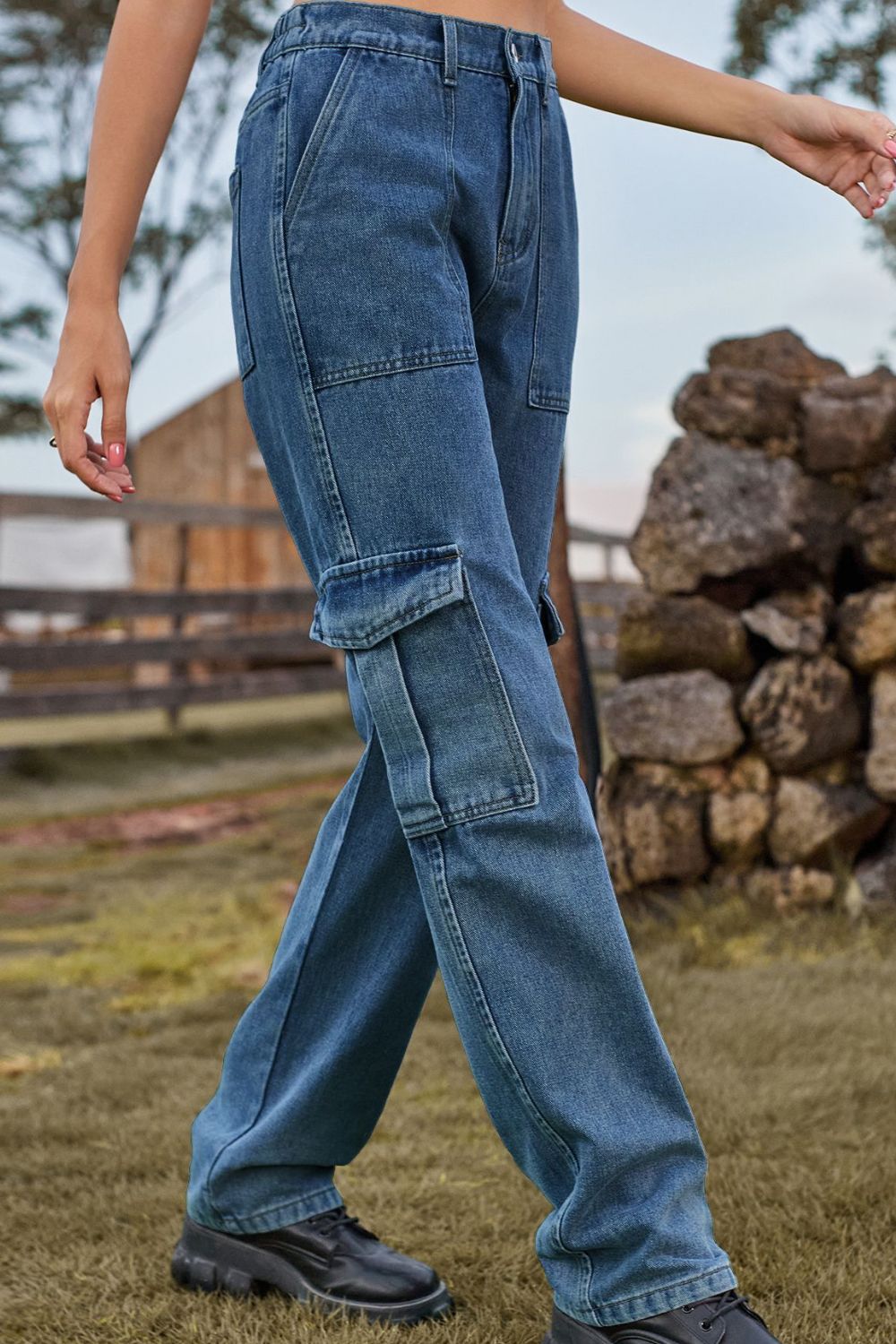Loose Fit Long Jeans with Pockets Trendsi
