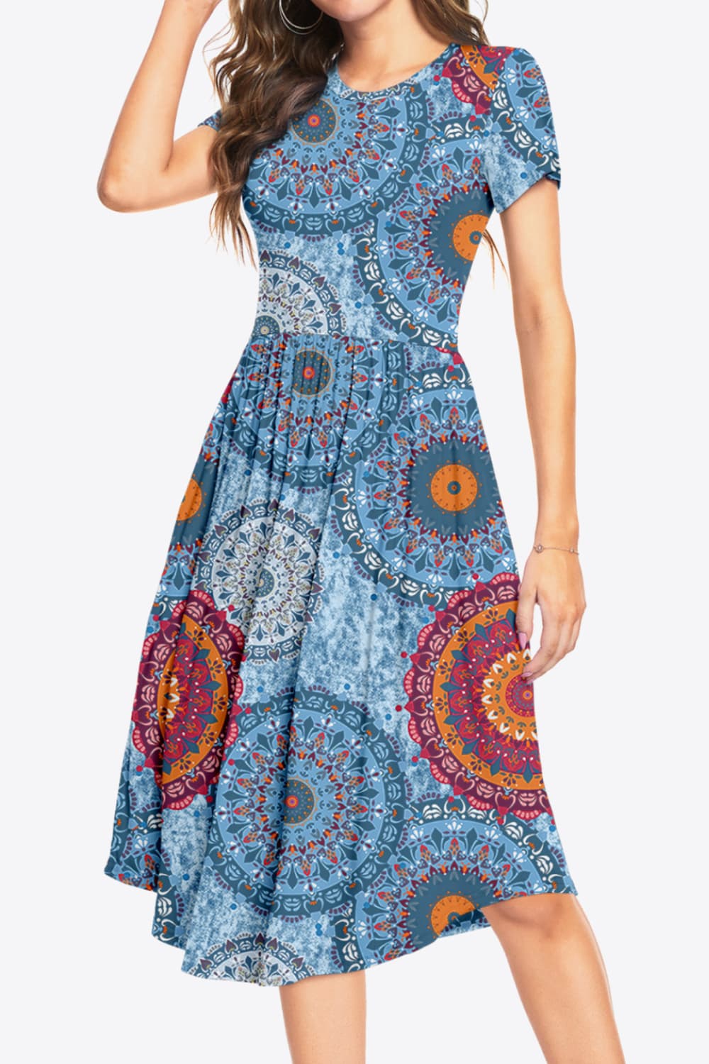 Printed Round Neck Short Sleeve Dress with Pockets Trendsi