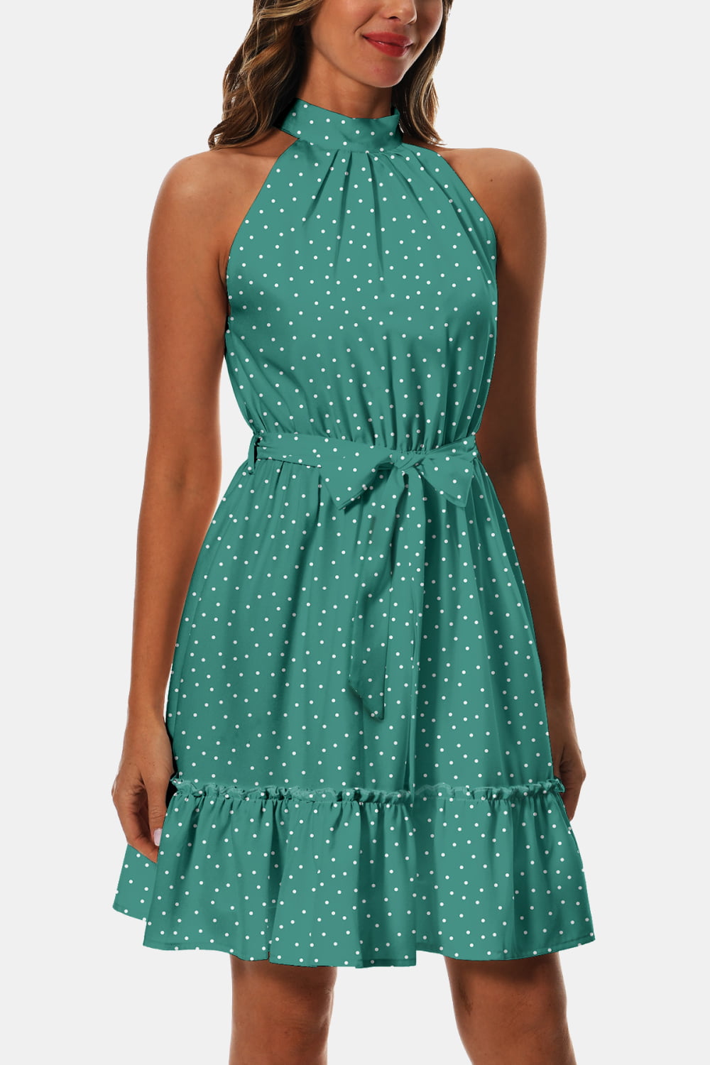 Printed Tie Waist Frill Trim Dress Trendsi